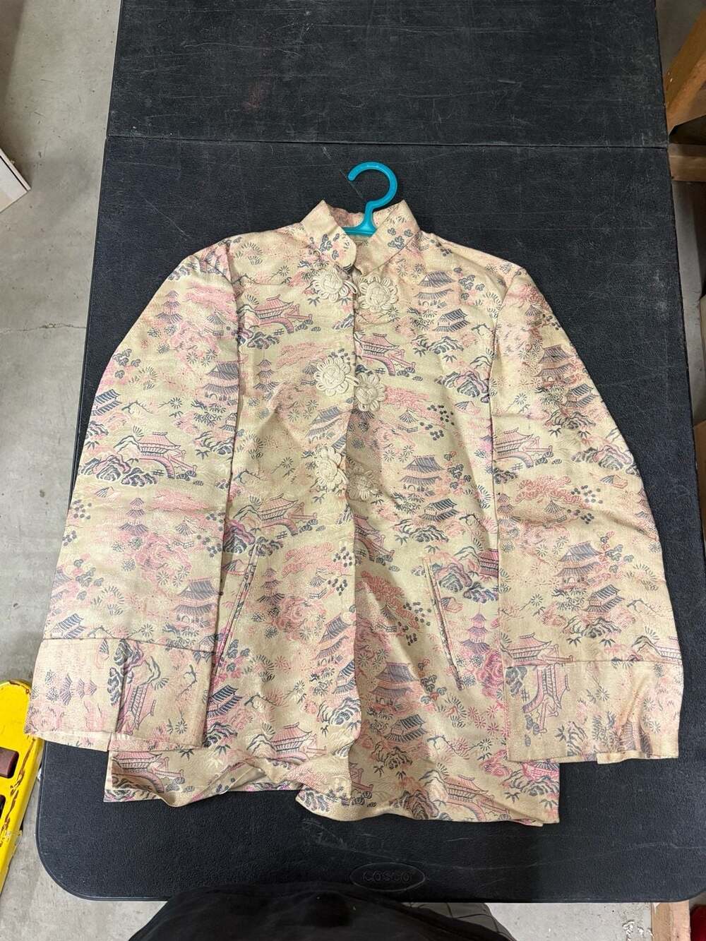 Vintage Chinese Silk Brocade Pagoda Landscape Print Jacket with Matching Drawstr